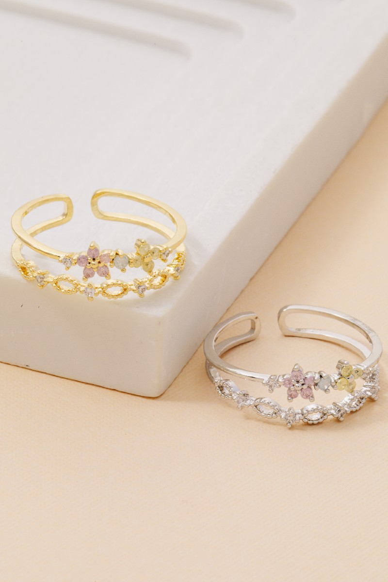 Two Row Cz Flower Gold Dipped Ring