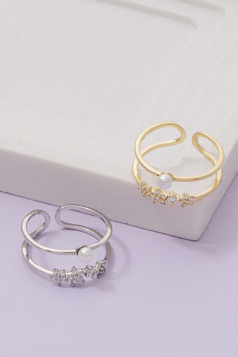 Two Row Gold Dipped Cz Flower Pearl Ring