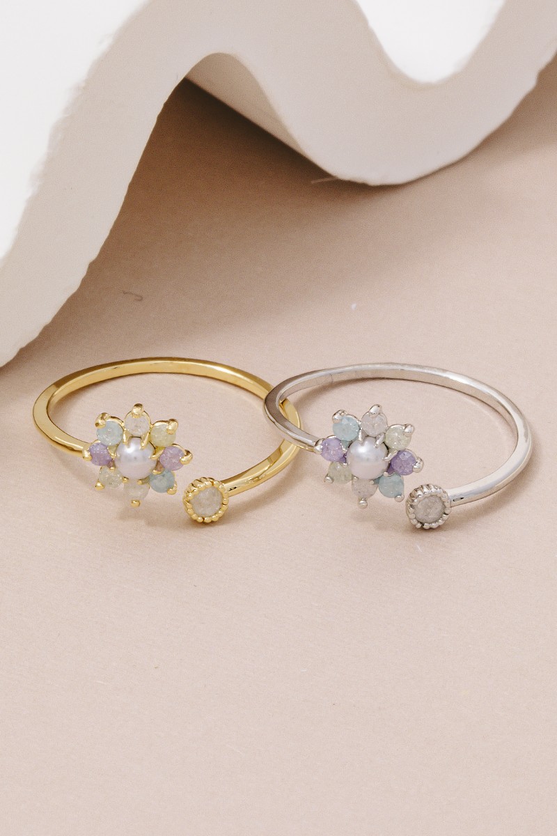 Gold Dipped Cz Pearl Flower Open Ring