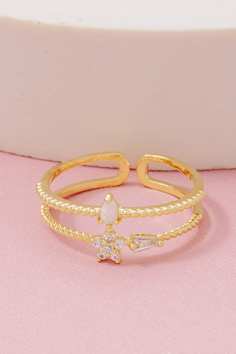 Double Row Gold Dipped Cz Flower Opal Ring