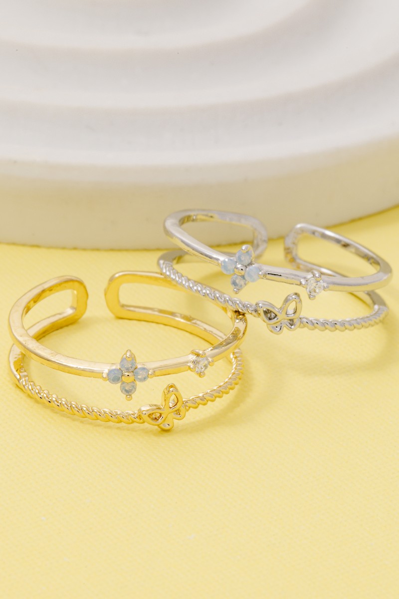 Double Row Gold Dipped Cz Floral Butterfly Ring