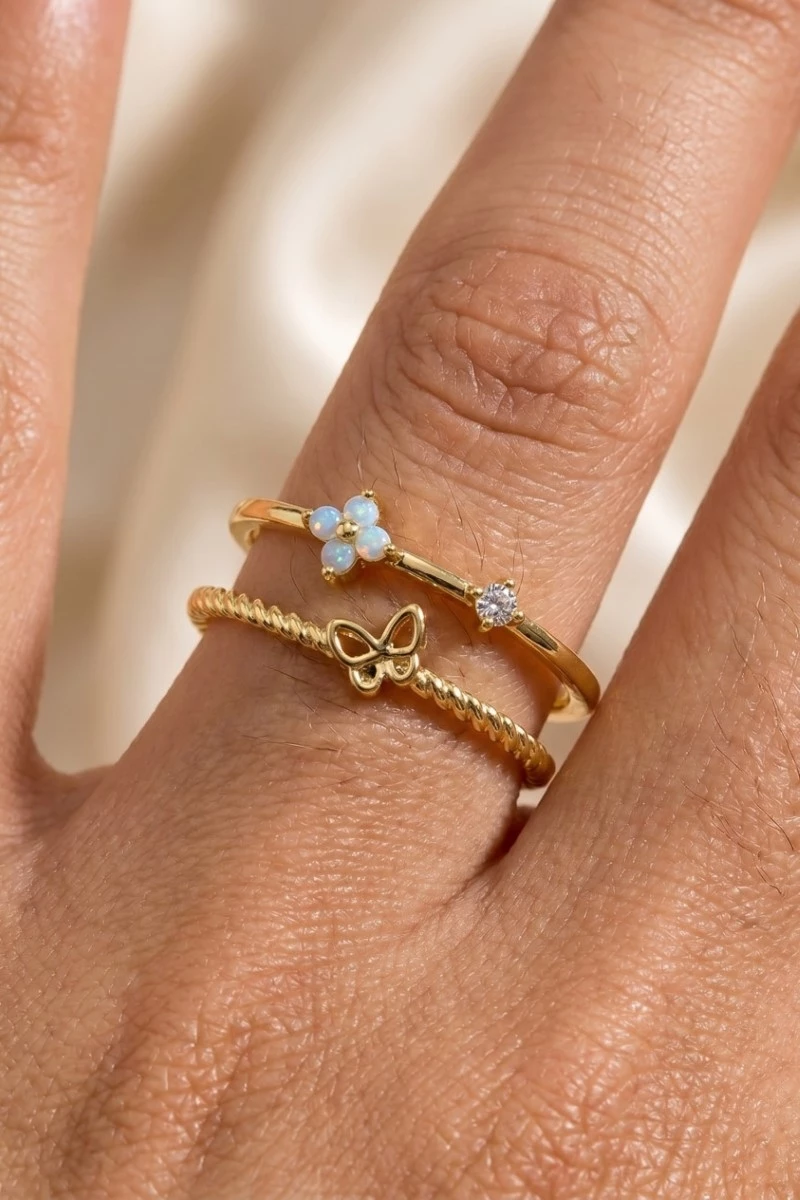 Double Row Gold Dipped Cz Floral Butterfly Ring