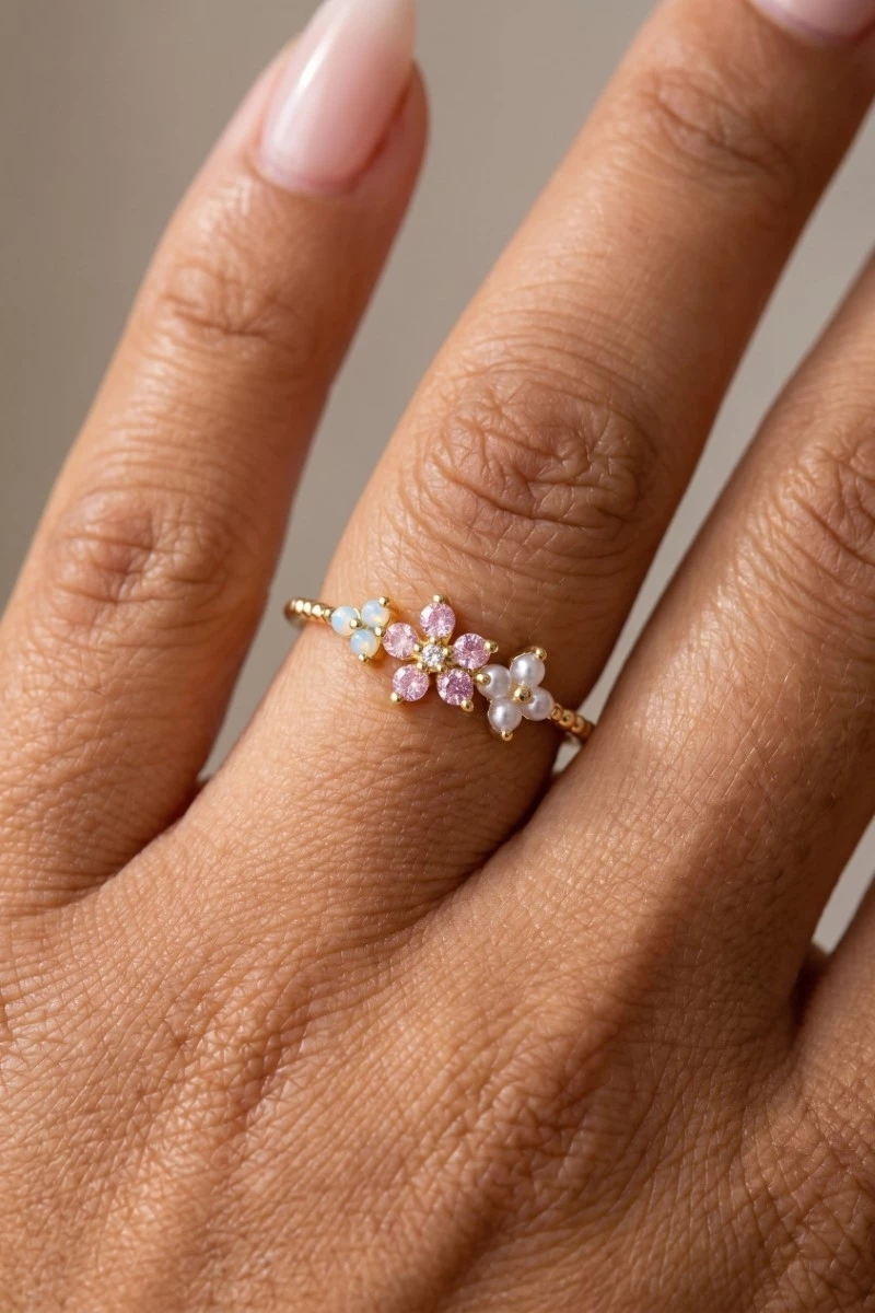 Delicate Gold Dipped Cz Floral Ring