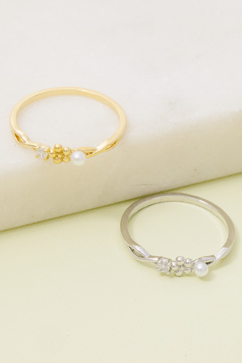 Gold Dipped Cz Pearl Flower Ring