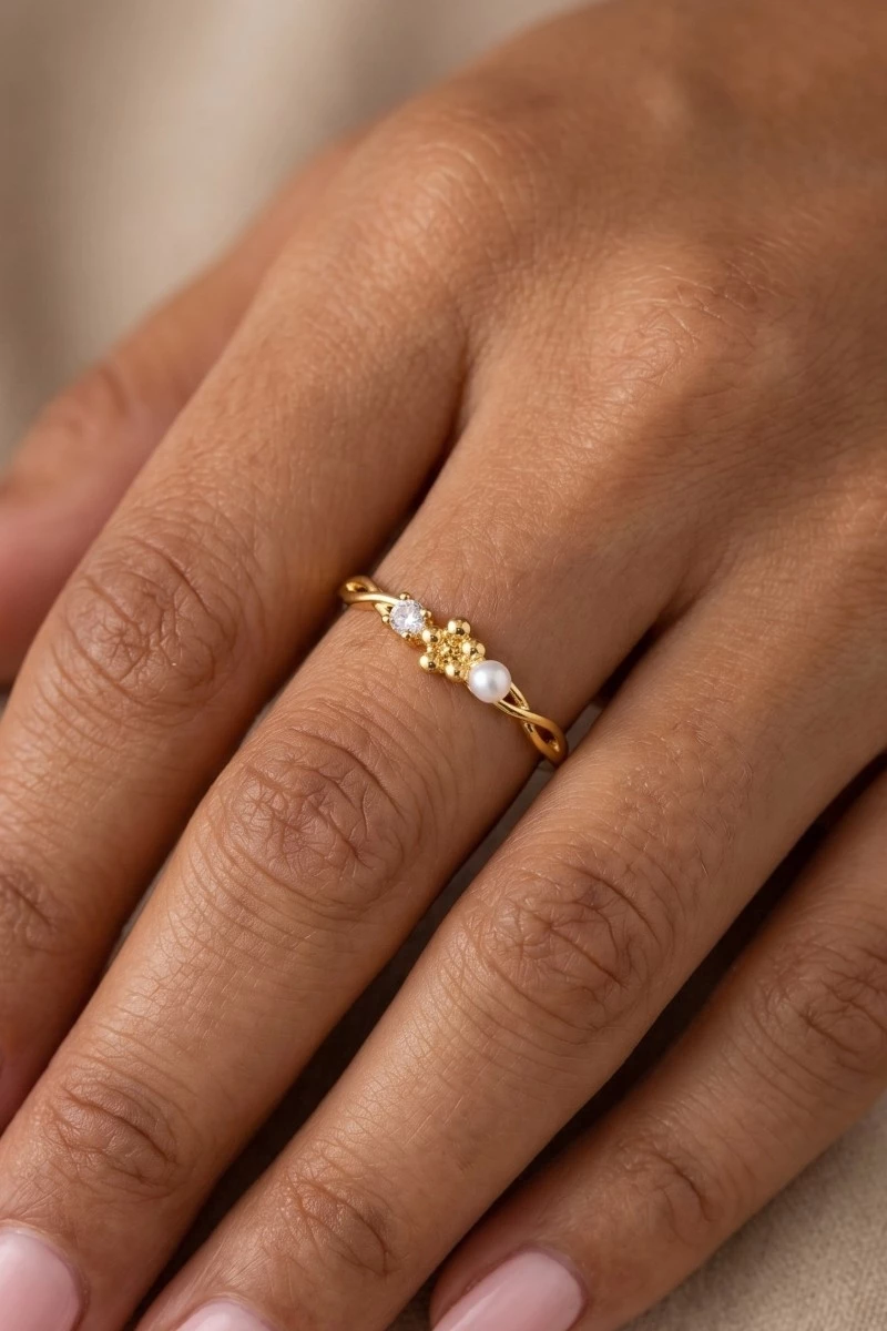 Gold Dipped Cz Pearl Flower Ring