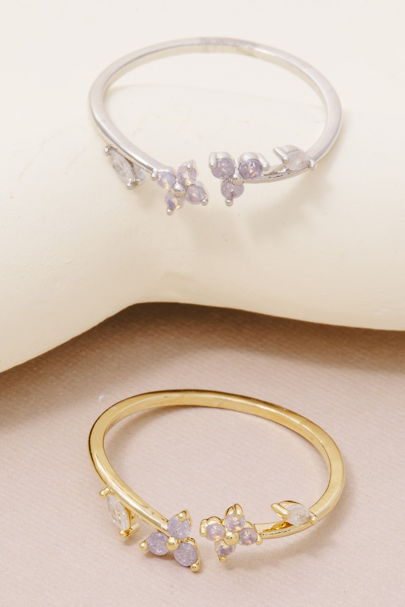 Gold Dipped Cz Floral Leaf Open Ring