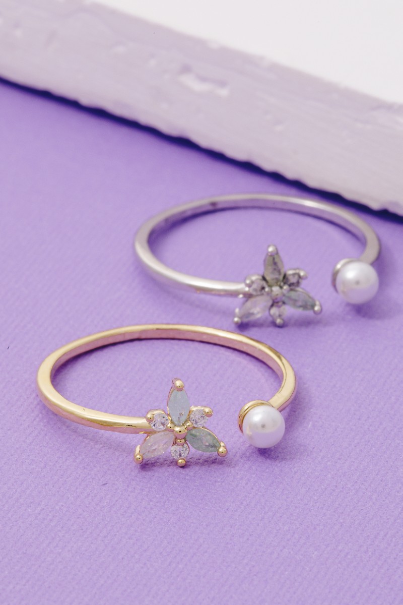 Gold Dipped Cz Flower Pearl Open Ring