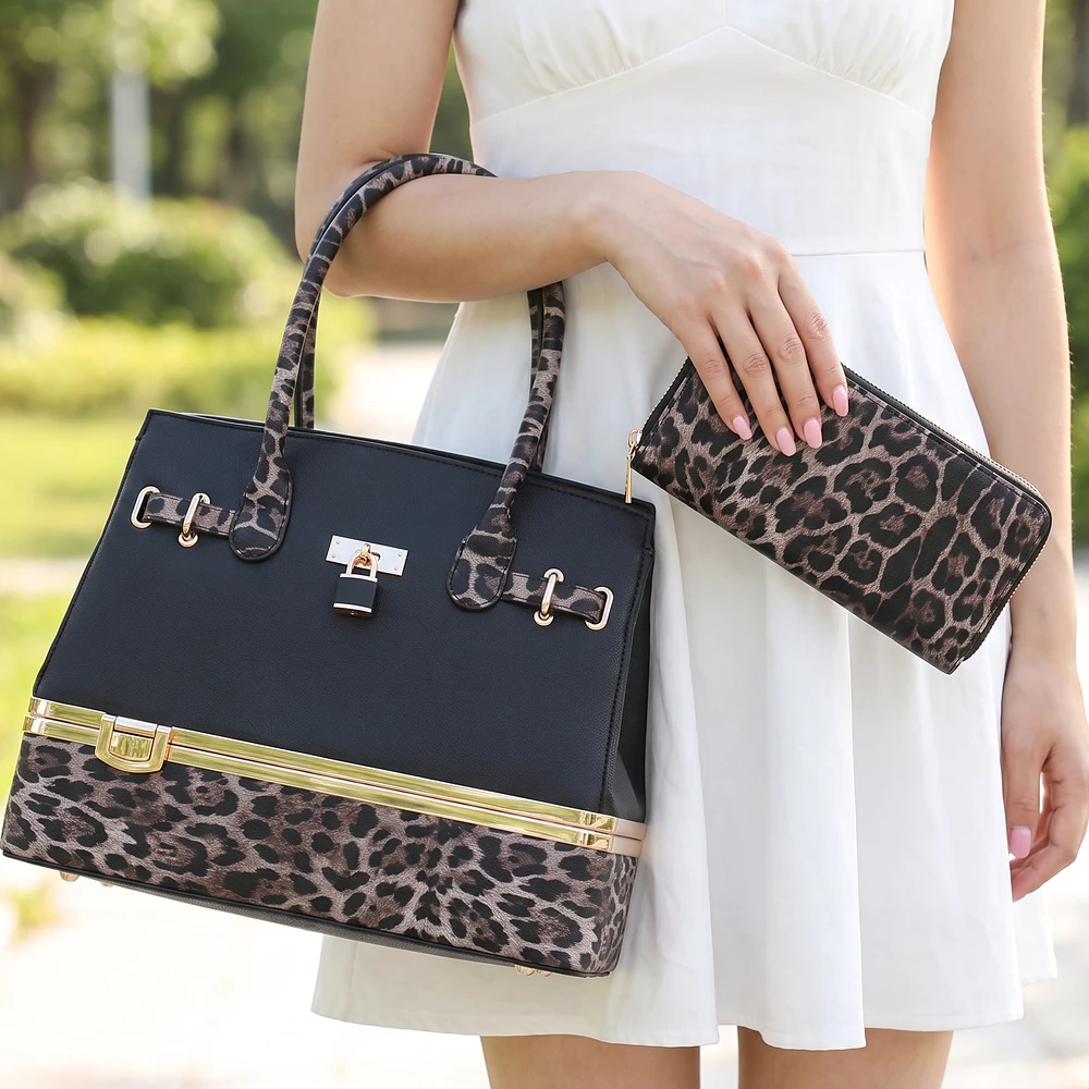 Leopard Trim Padlock Satchel With Matching Wallet