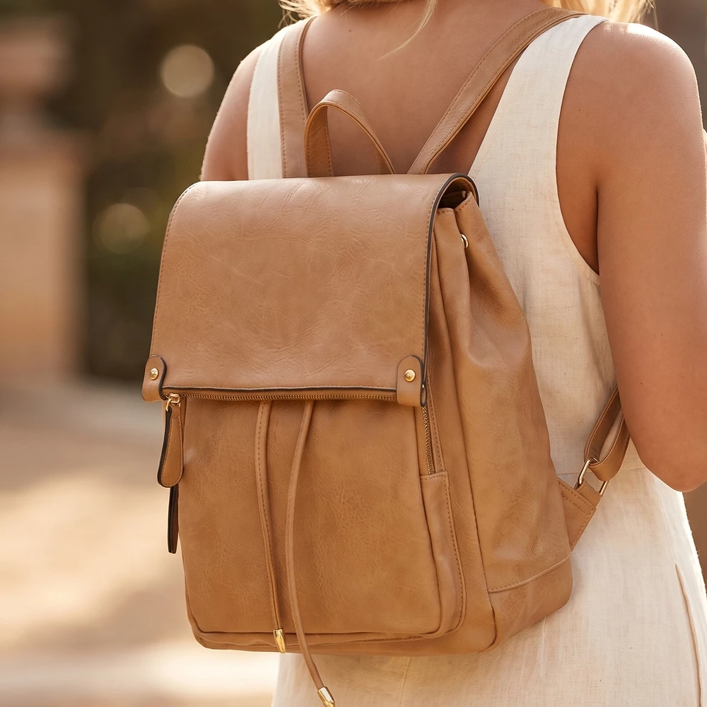 Flap Drawstring Vegan Leather Backpack Purse