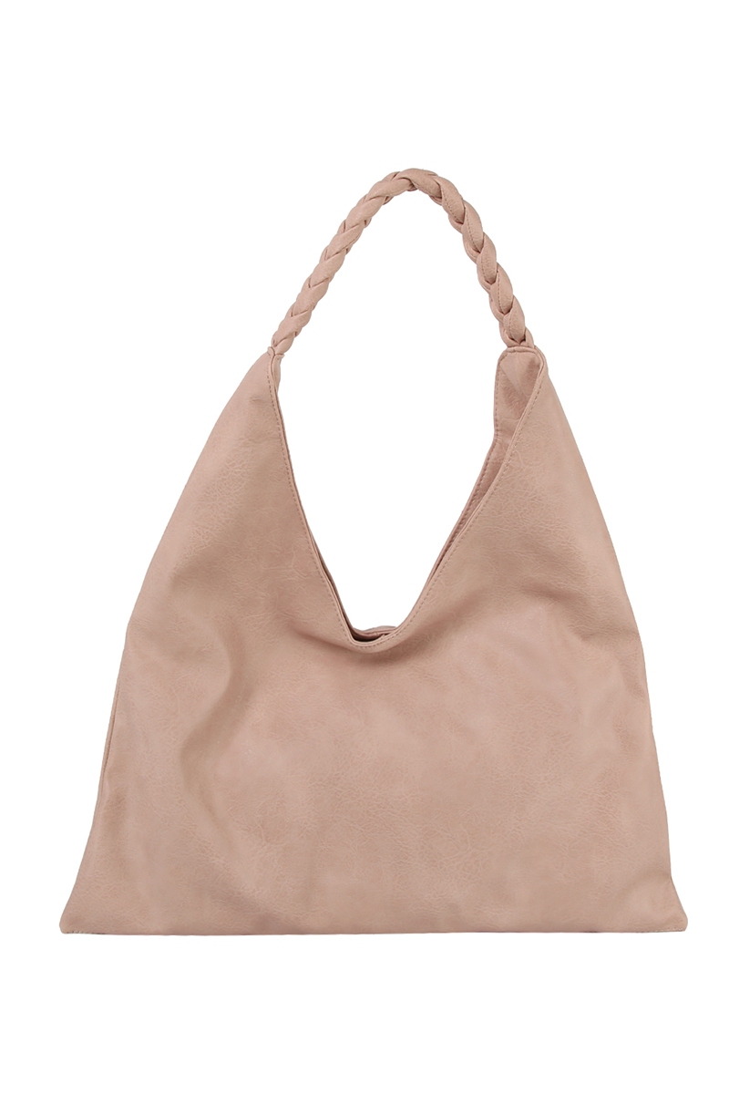 Faux Leather Braided Handle Baggy Hobo Shoulder Bag