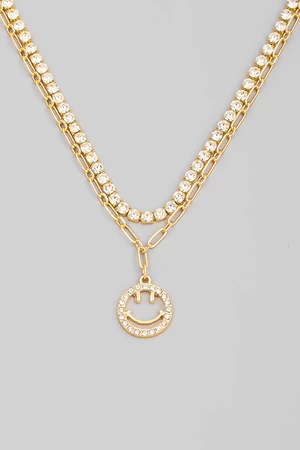 Layered Rhinestone Chain Smiley Face Pendant Necklace