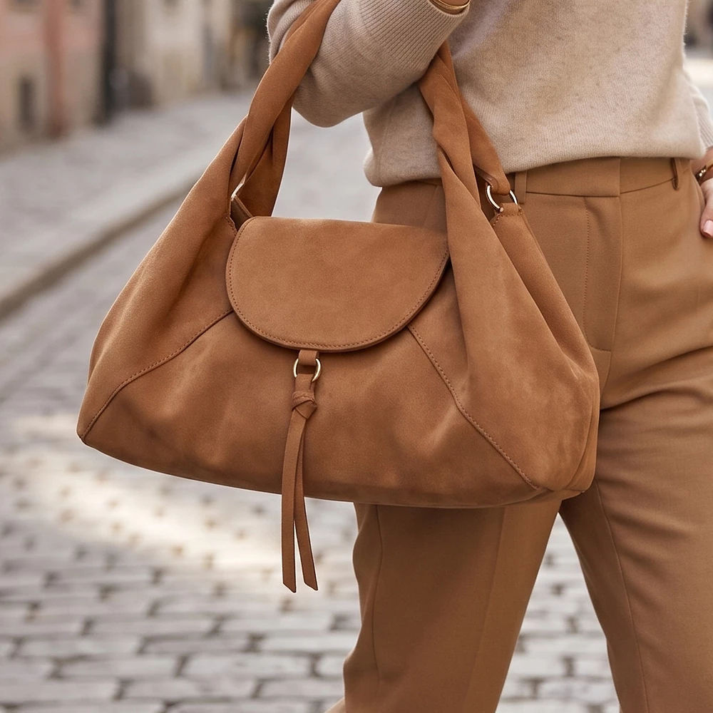 Twisted Handle Vegan Suede Flap Top Handle Bag