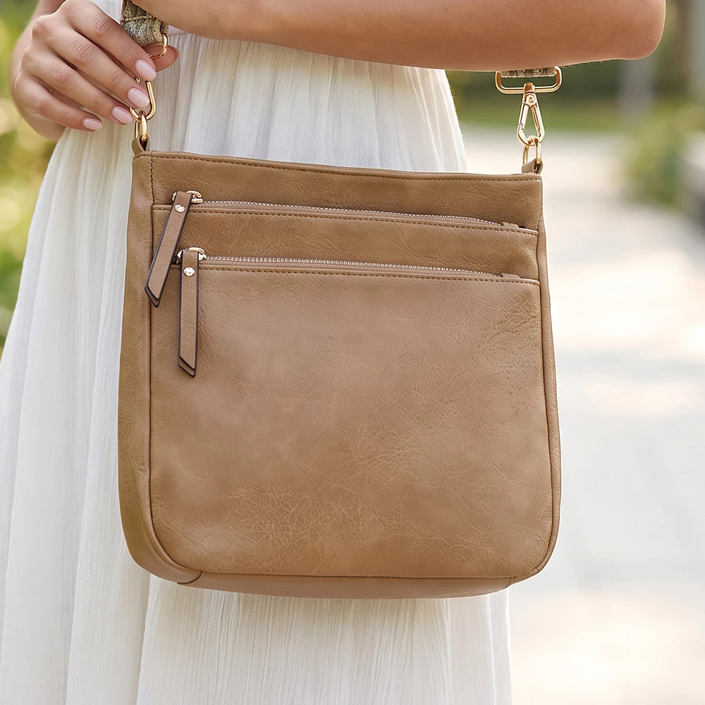 Zip Pocket Crossbody Bag With Embroidered Strap