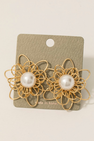 Large Pearl Stud Metallic Wire Flower Stud Earrings