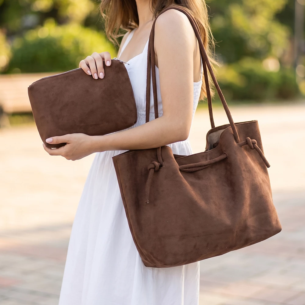 Vegan Suede Knotted Tote Bag With Pouch