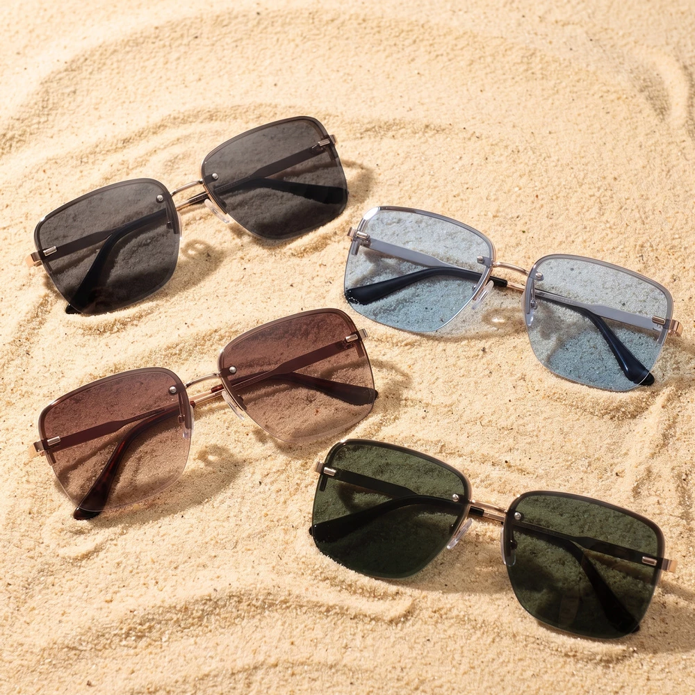 Semi Rimless Square Metal Frame Sunglasses