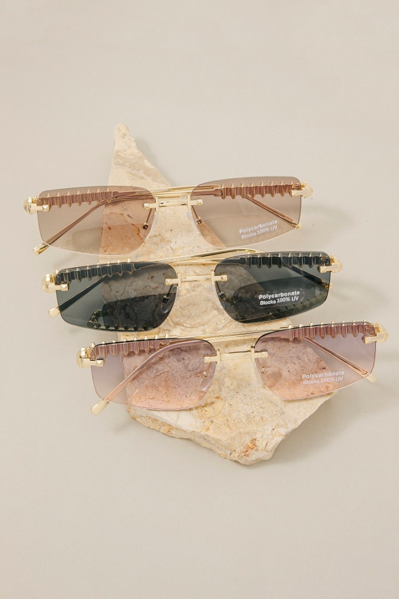 Rimless Rectangle Spike Studded Top Frame Sunglasses