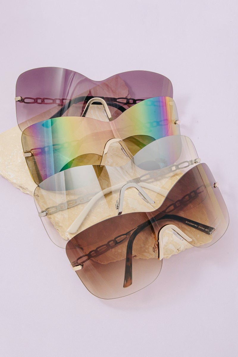 Rimless Shield Cat Eye Chain Temple Sunglasses