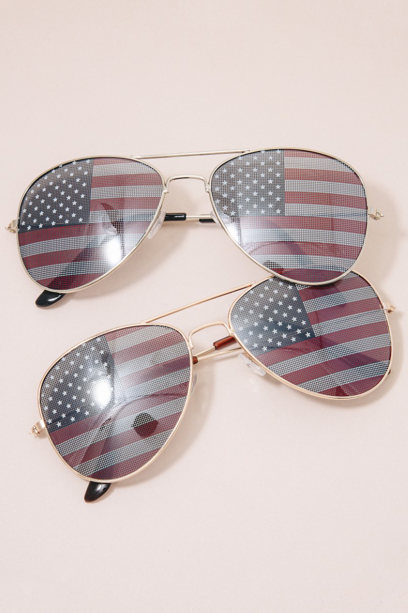 USA American Flag Lens Aviator Sunglasses Set