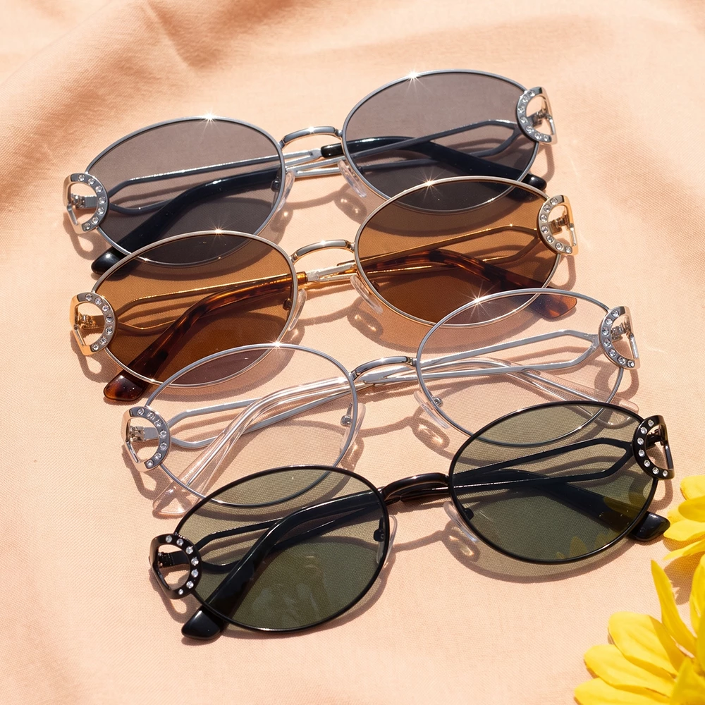 Slim Metal Oval Rhinestone Accent Tinted Sunglasses