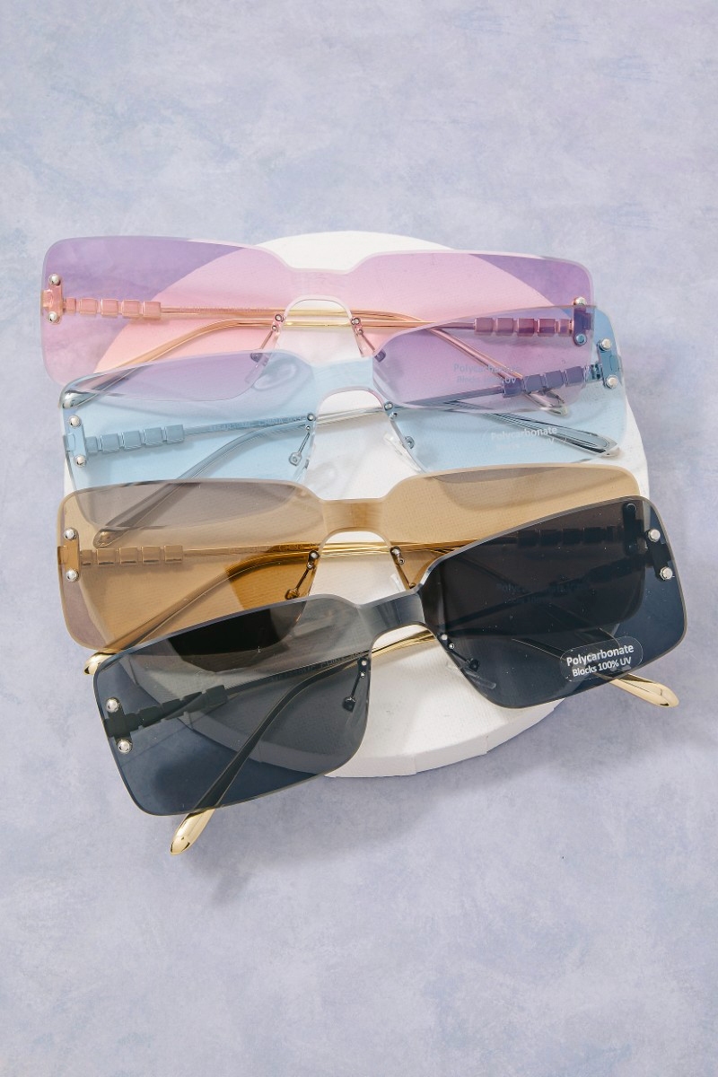 Rimless Rectangle Cube Bead Temple Sunglasses