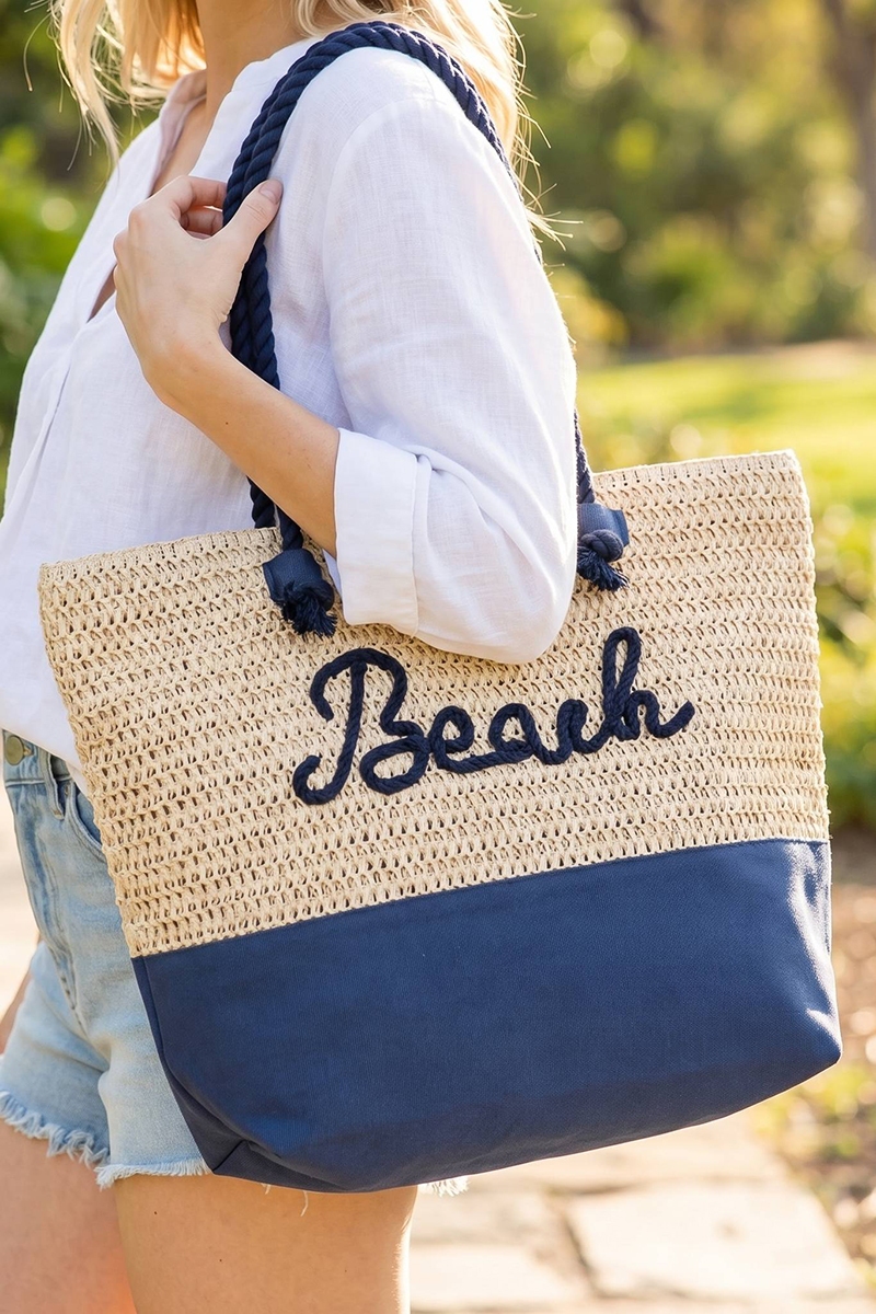 Large Beach Print Braided Tote Bag