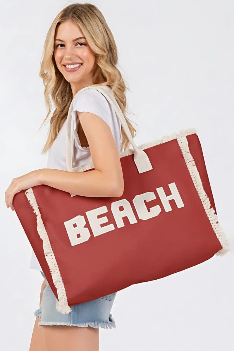 Striped Fringe Beach Print Tote Bag