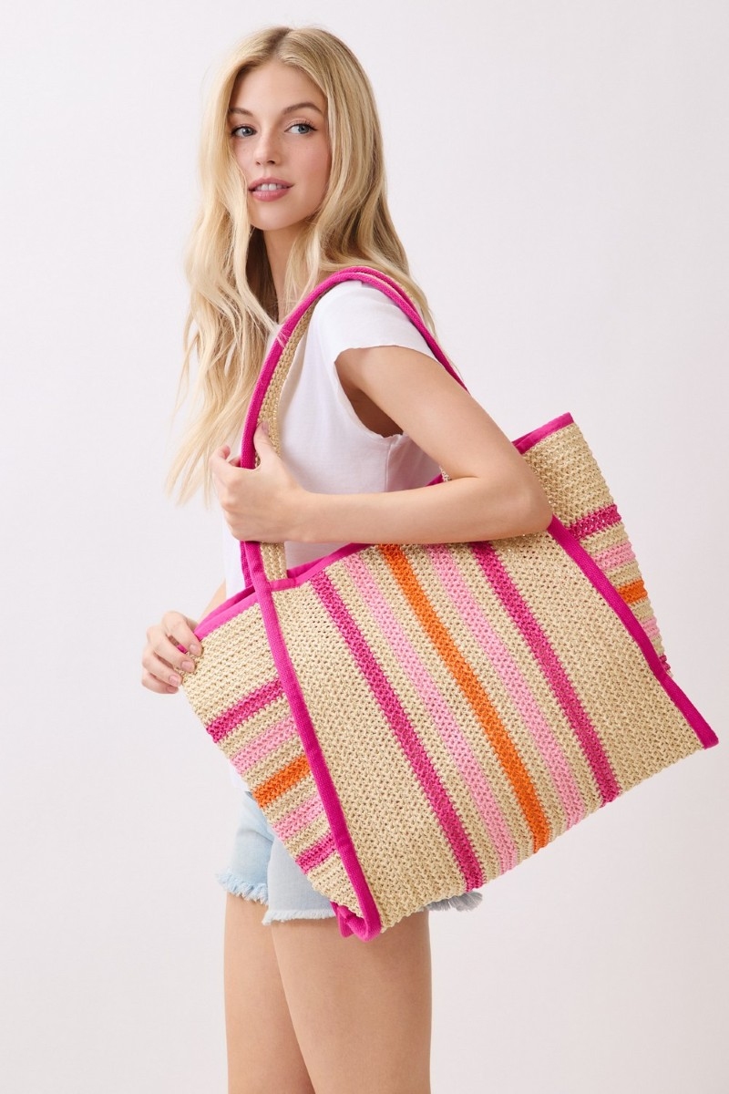 Oversized Striped Straw Braided Tote Bag