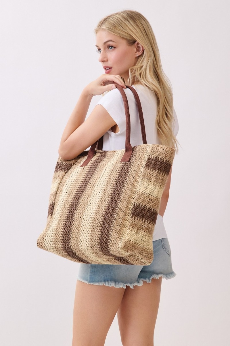 Large Straw Braided Striped Tote Bag