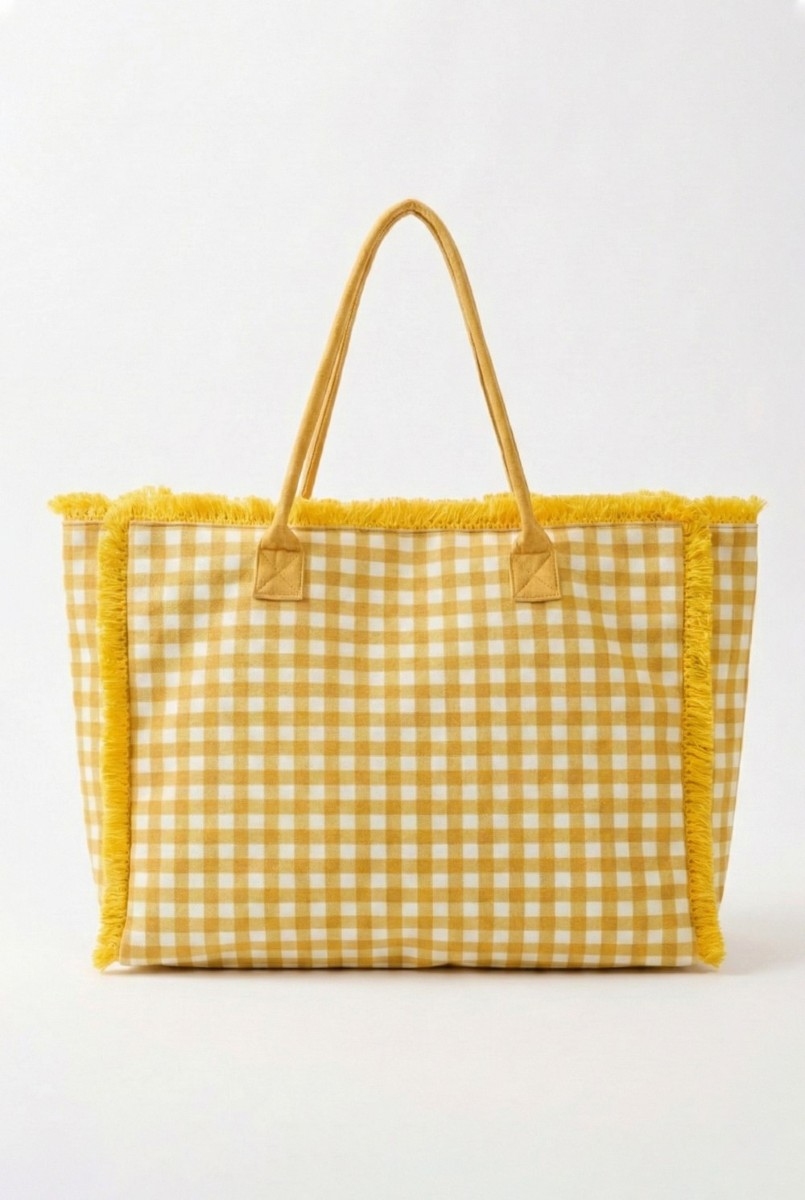Checkered Fringe Trim Tote Bag