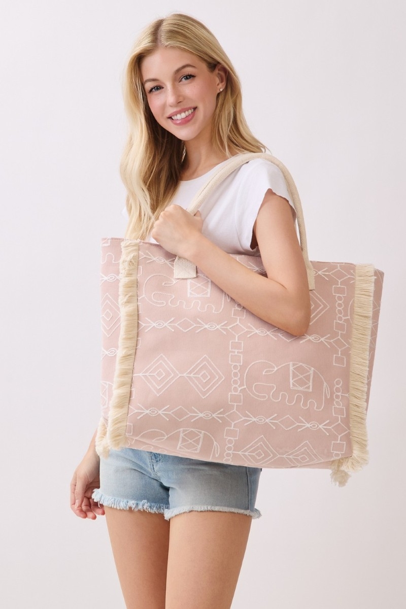 Embroidered Elephant Pattern Fringe Tote Bag