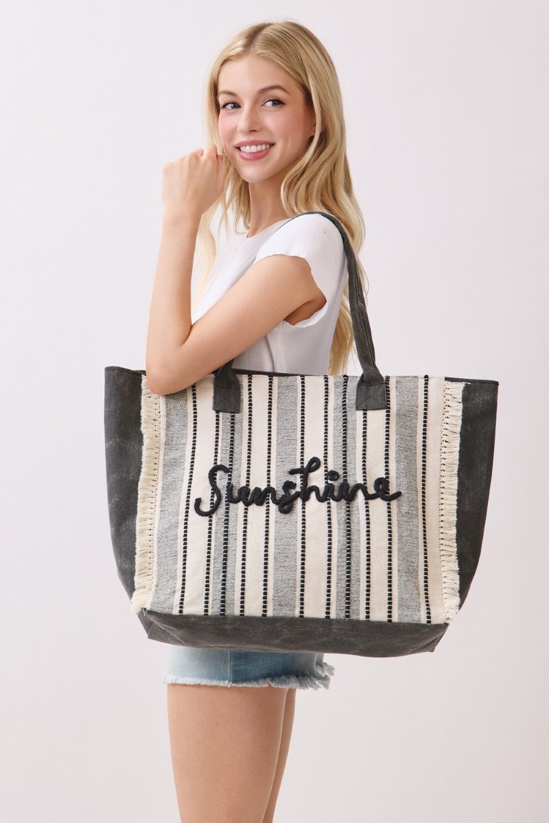Embroidered Sunshine Print Fringe Tote Bag