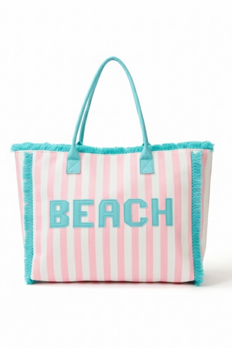 Beach Print Striped Tote Bag