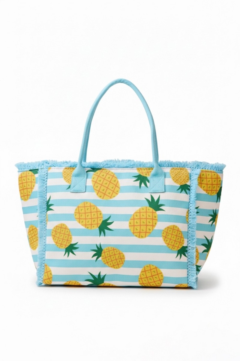 Pineapple Print Striped Tote Bag