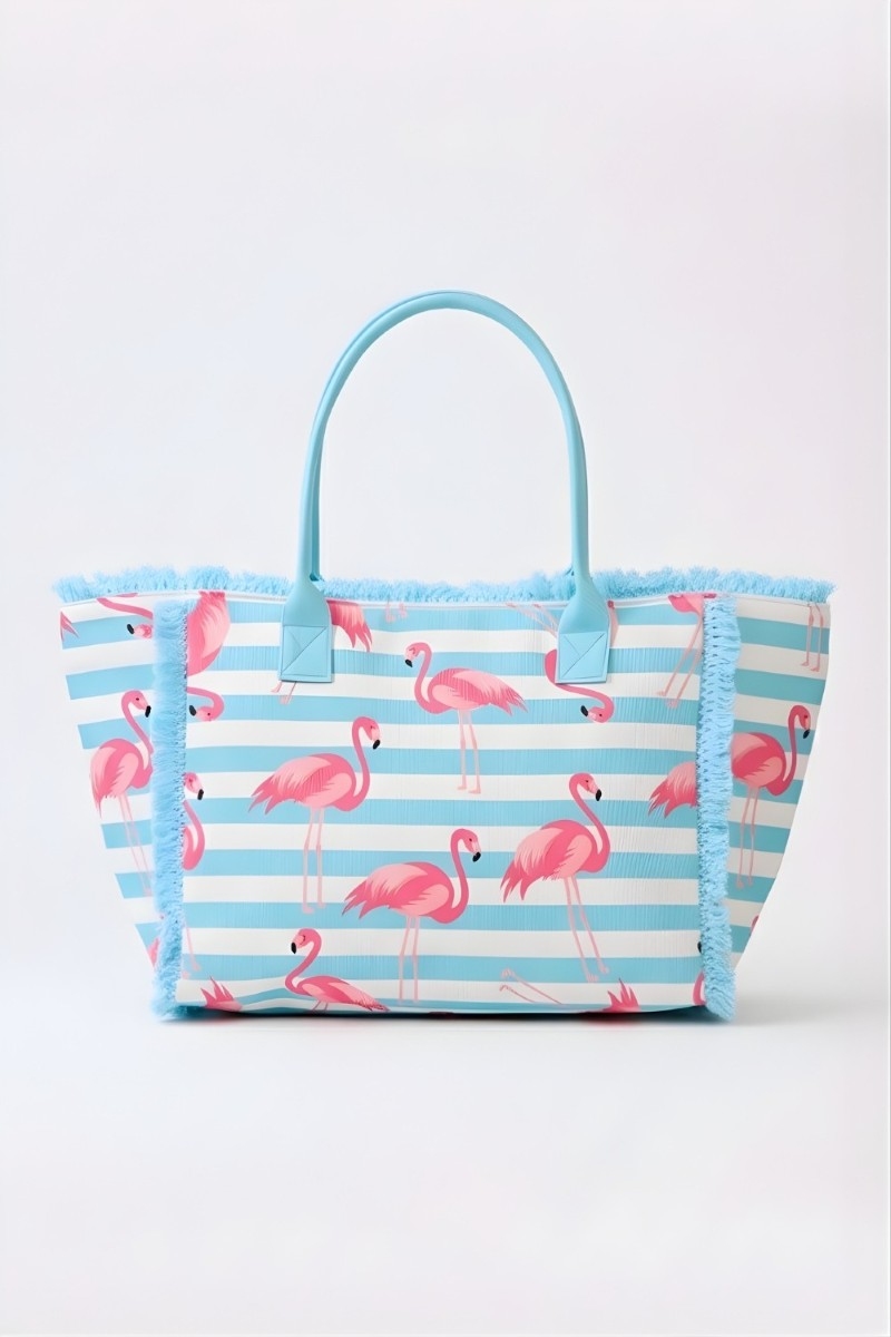 Flamingo Print Striped Tote Bag