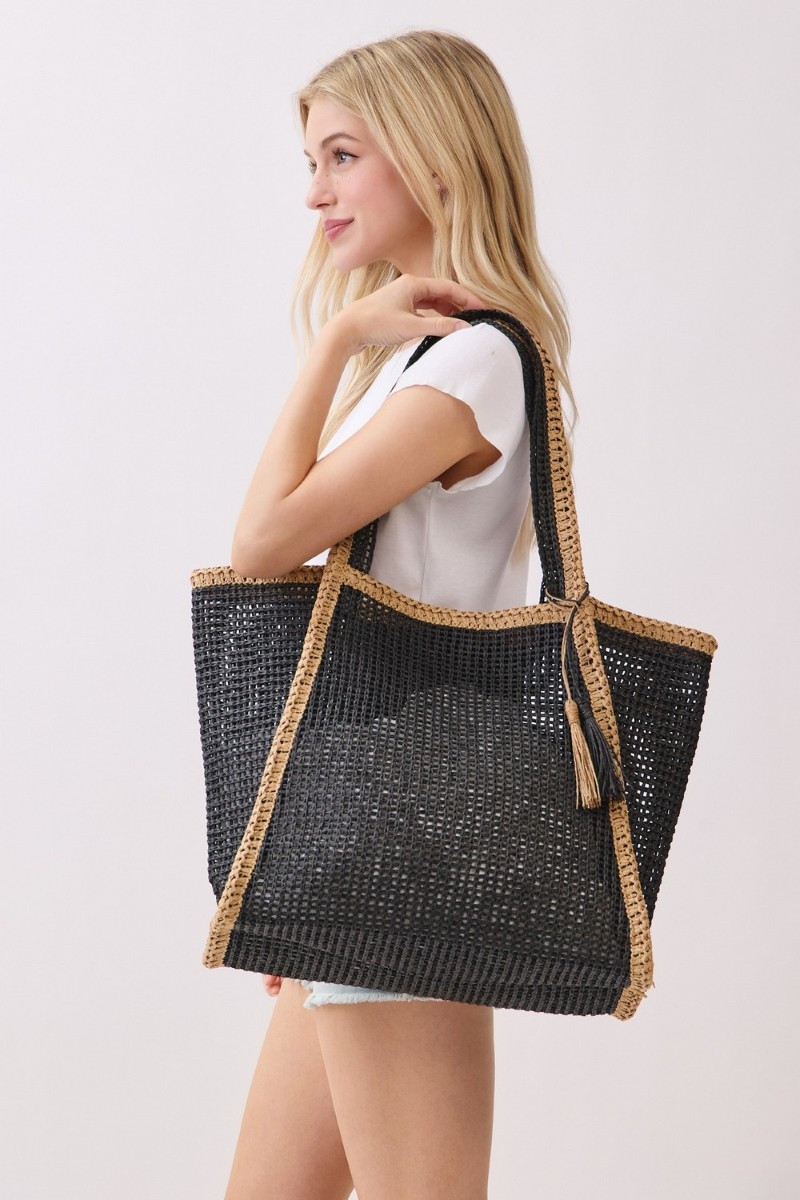Two Tone Woven Straw Tote Bag