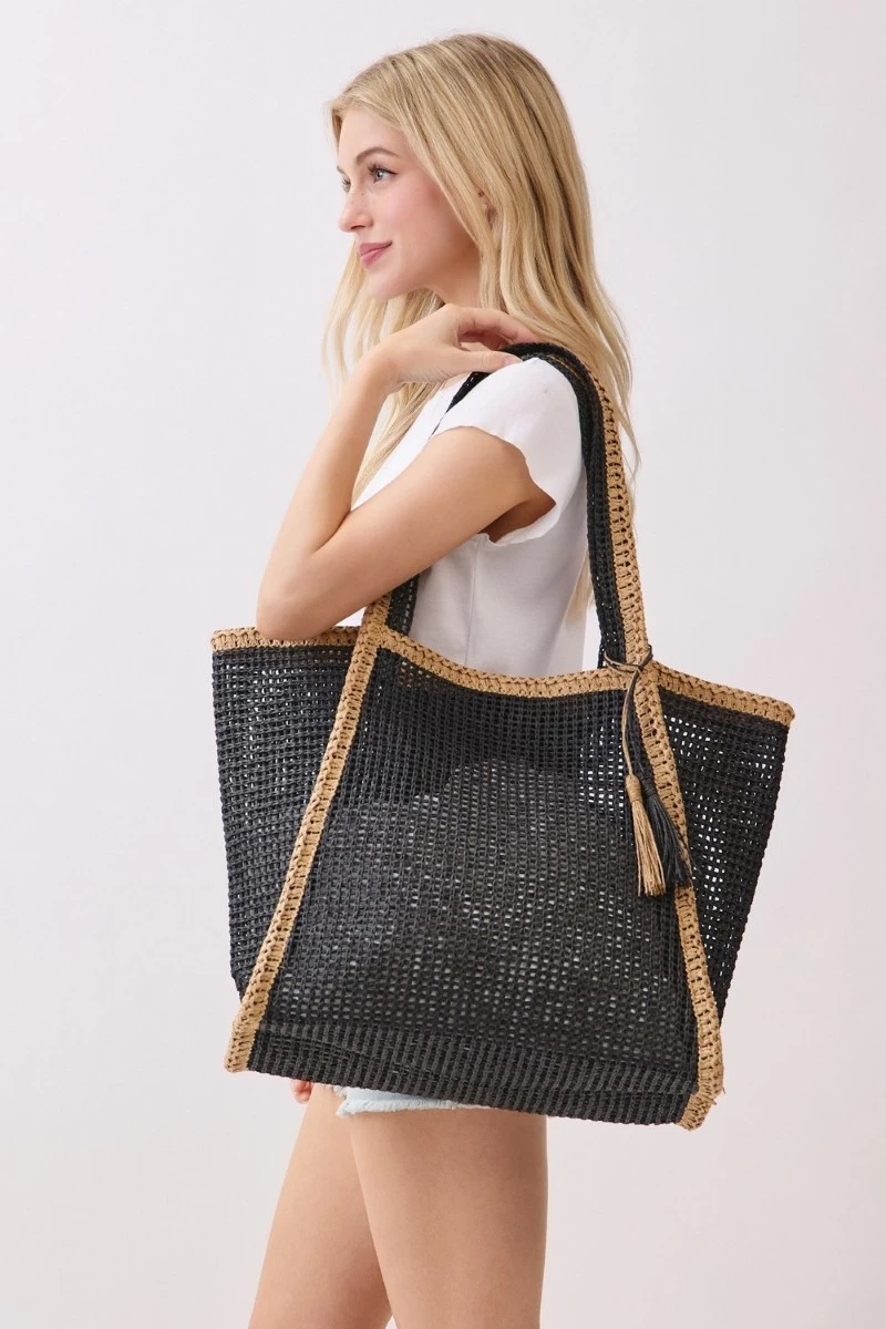 Two Tone Woven Straw Tote Bag