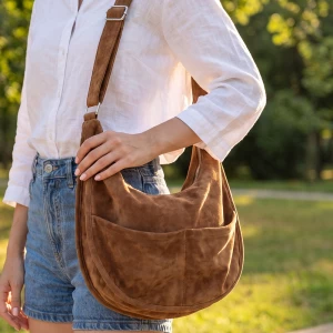 Vegan Suede Zip Sling Crossbody Hobo Bag