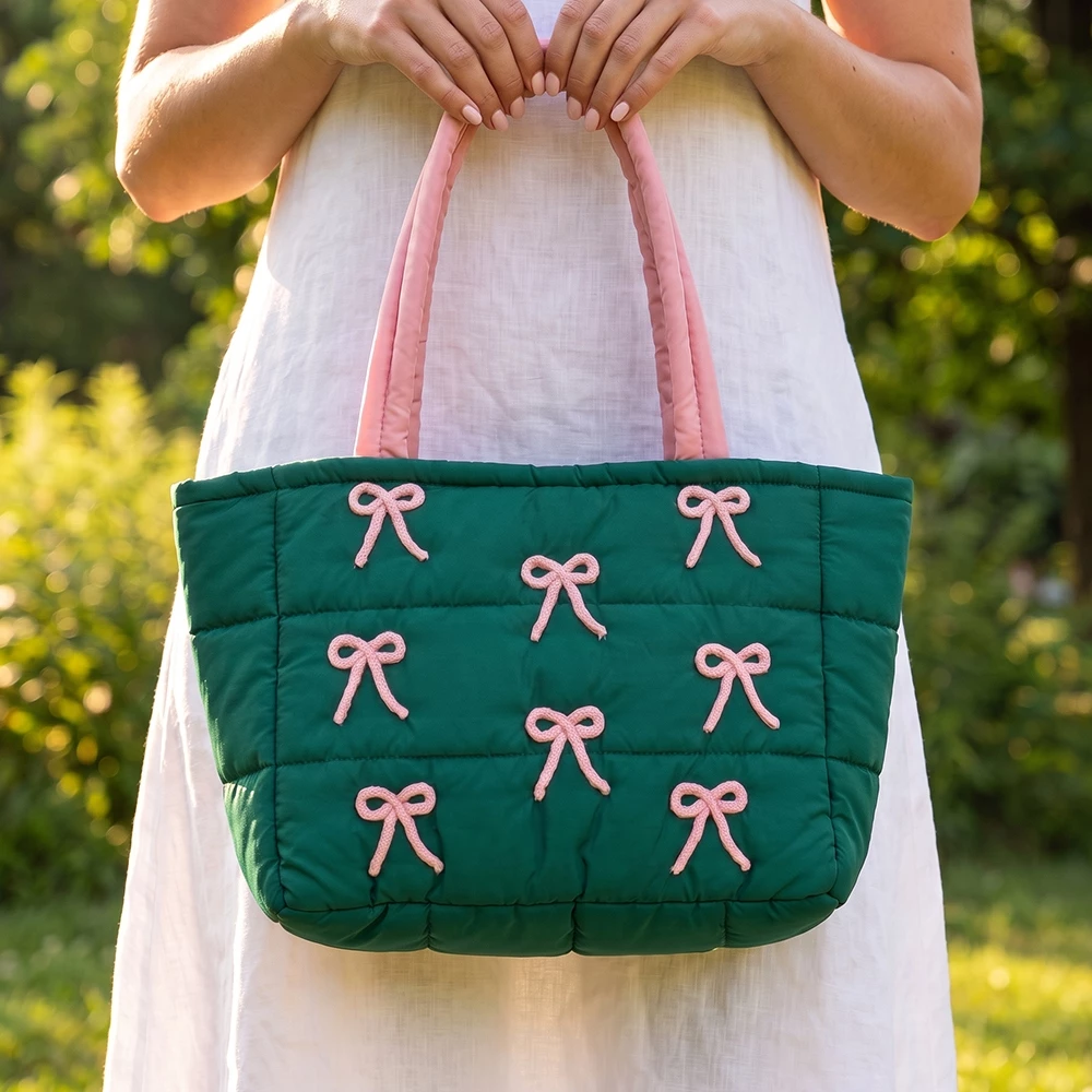 Bow Embellished Puffer Tote Bag