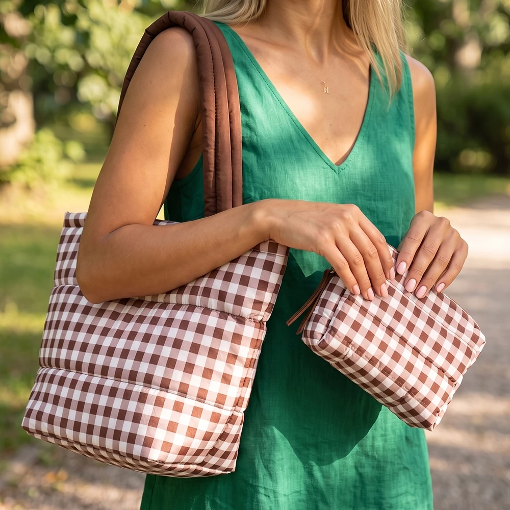 Gingham Check Mini Puffer Tote Bag