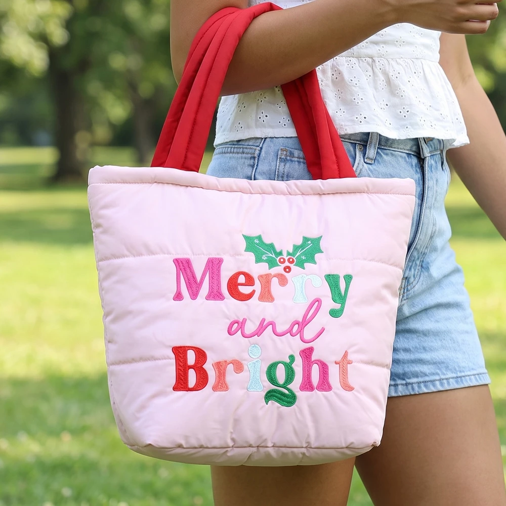 Merry And Bright Embroidered Puffer Tote Bag