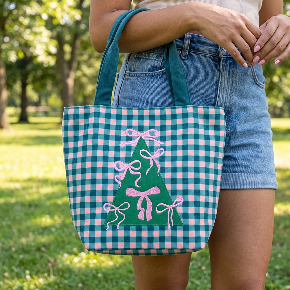 Bow Tree Applique Gingham Tote Bag
