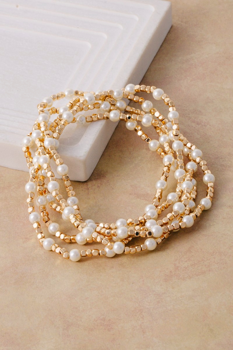 Pearl Gold Cube Bead Stretch Bracelet Set