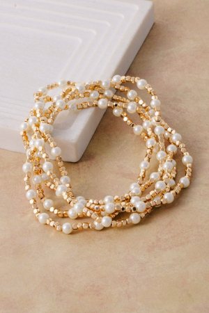 Pearl Gold Cube Bead Stretch Bracelet Set
