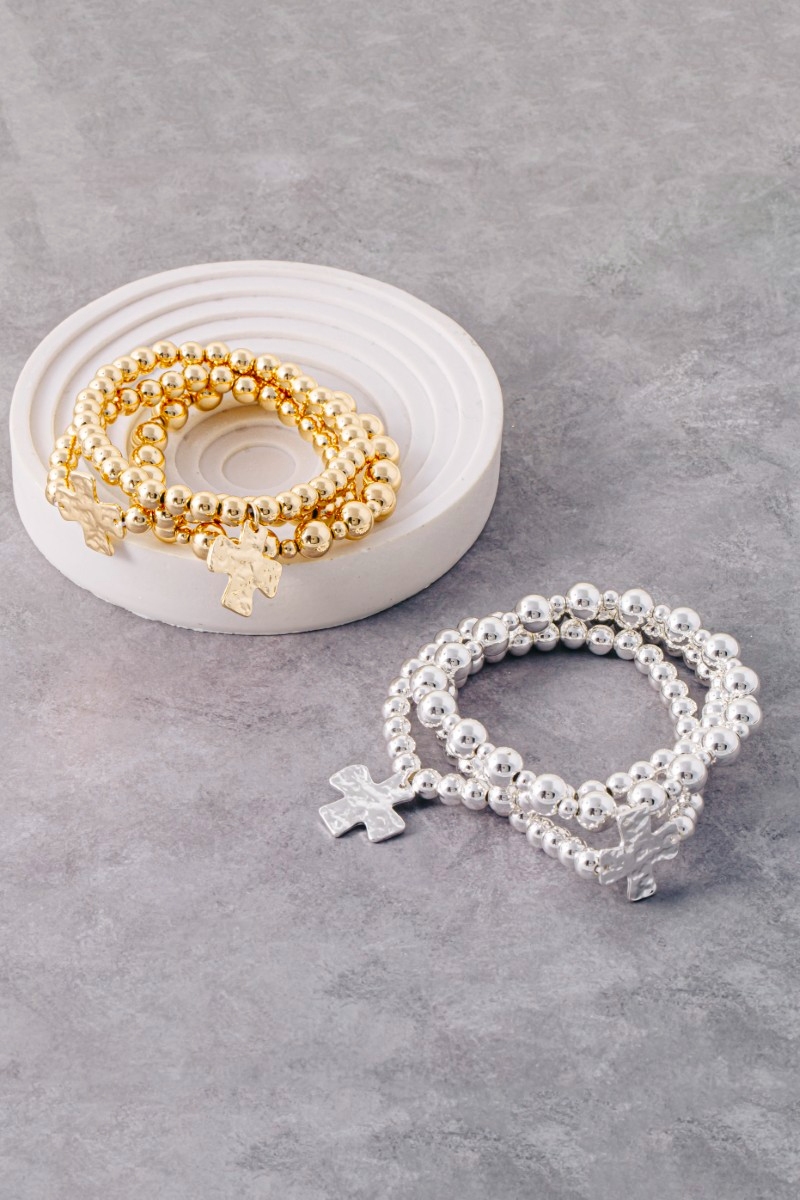Hammered Cross Charm Metallic Beaded Bracelet Set