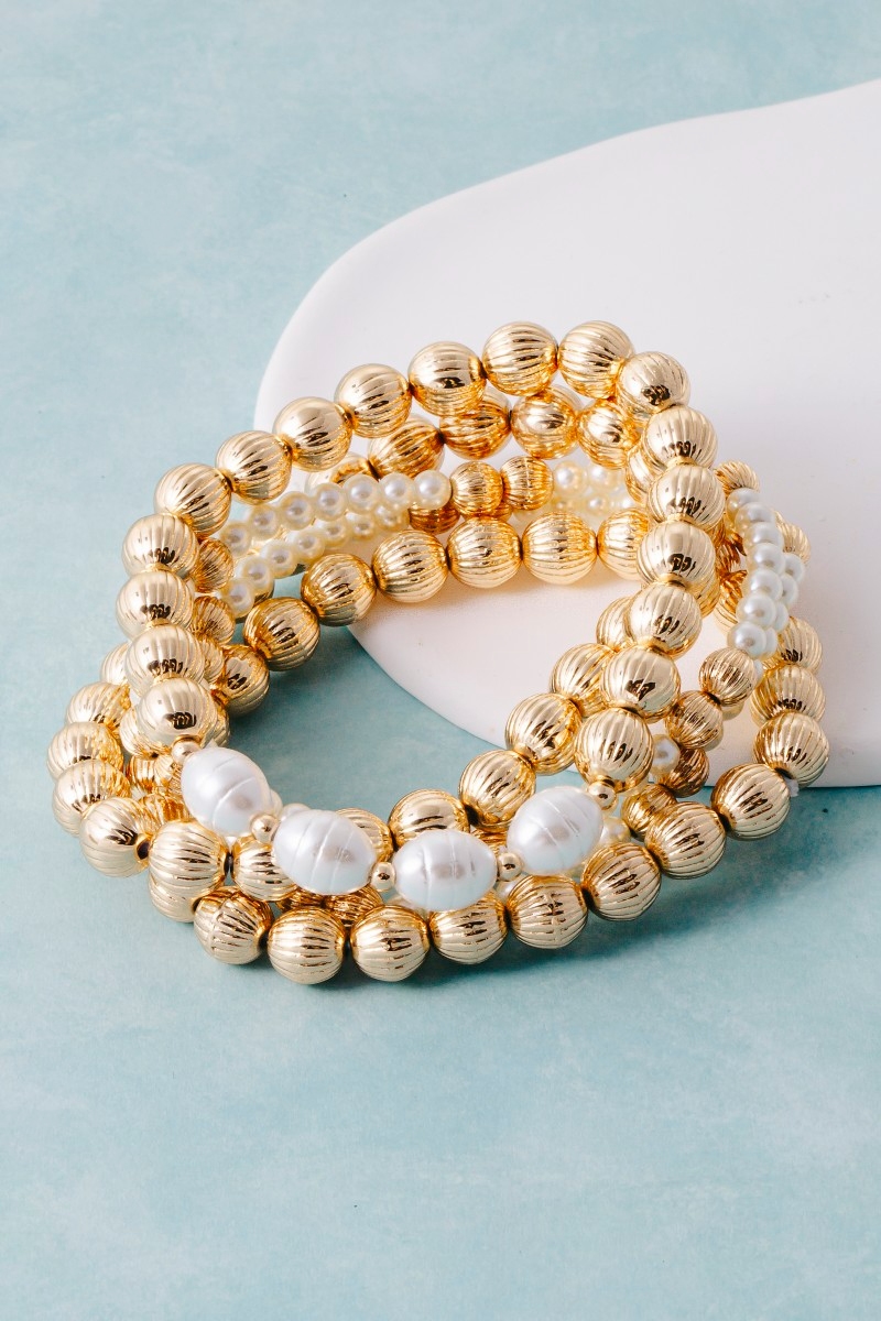 Ribbed Gold Bead And Pearl Stretch Bracelet Set