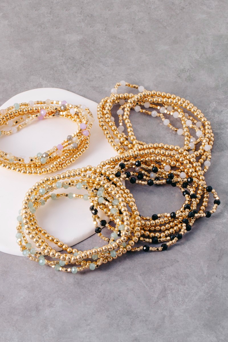 Metallic And Faceted Beaded Elastic Bracelet Set