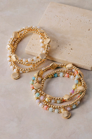 Seashell Charms Beaded Stretch Bracelet Set