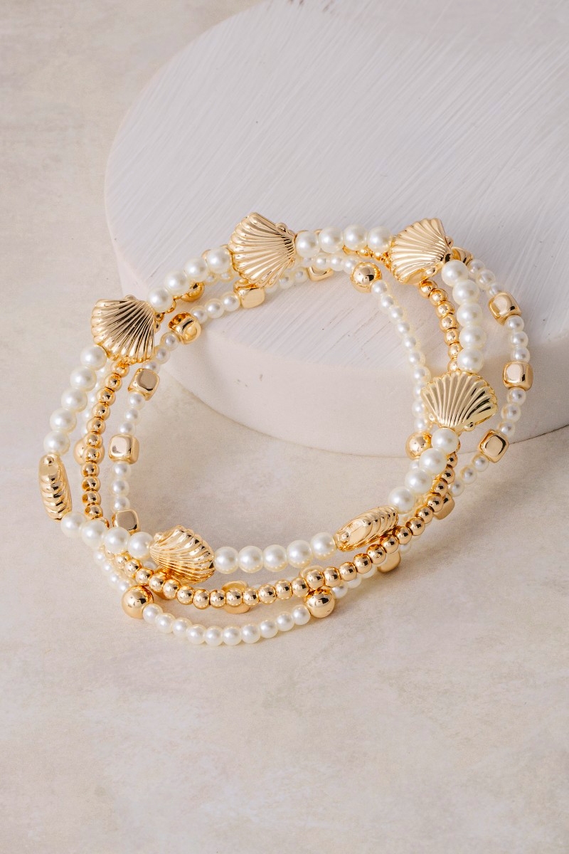 Pearl Beaded And Seashell Charms Stretch Bracelet Set