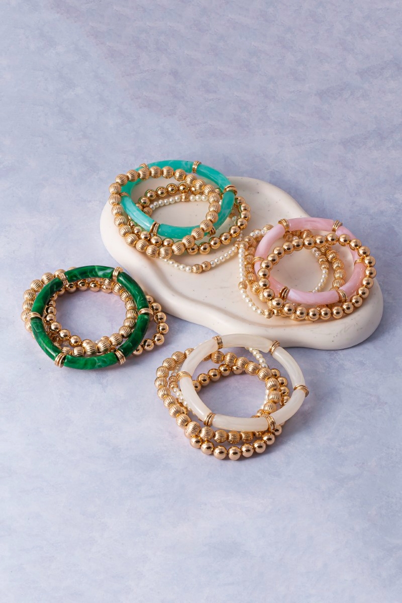 Resin Bar And Gold Bead Stretch Bracelet Set